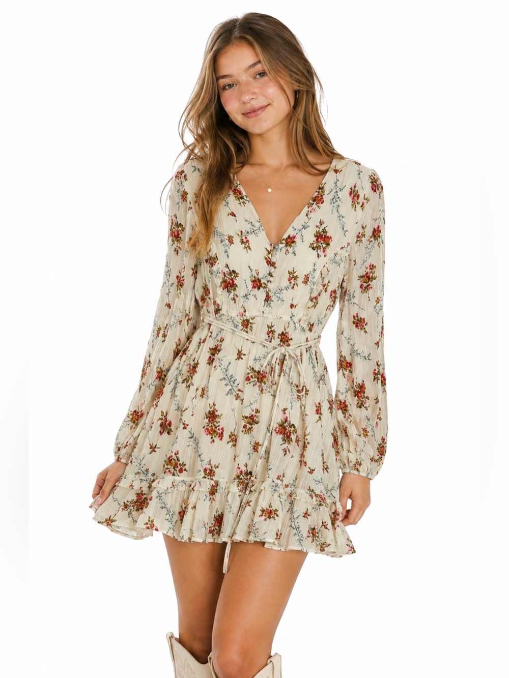 Sim & Sam Cream Floral Ruffle Mini Dress Cottagecore Prairie Feminine – Size M